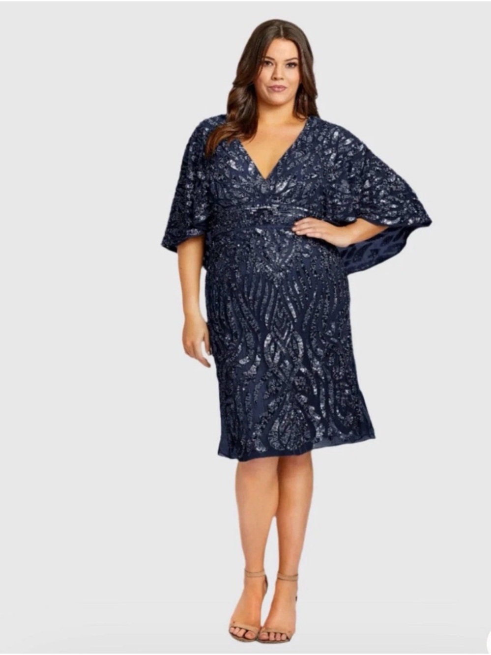 Mac Duggal Navy Sequin V-Neck Cape Sleeves Cocktail Dress Size 14 W New